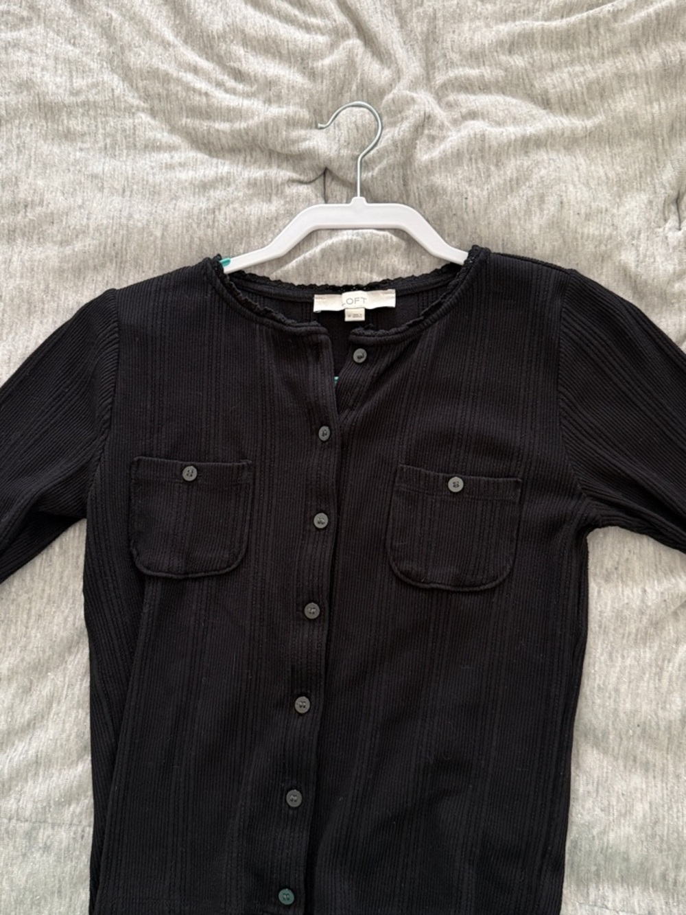 LOFT Black Ribbed Button-Down Top